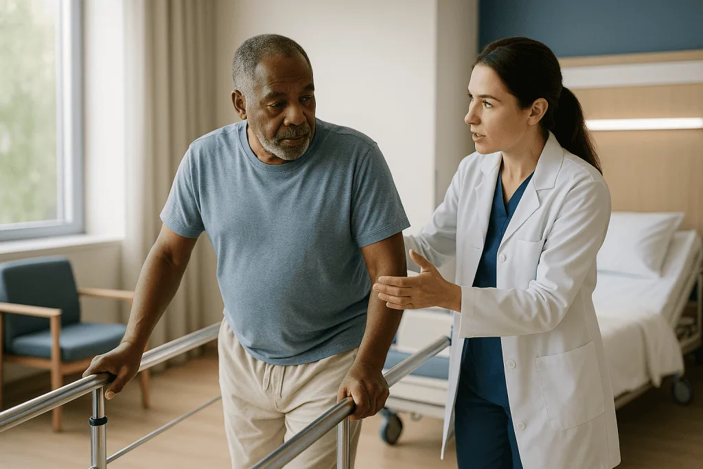 Patient using parallel bars with physician supervising: The first two weeks in an inpatient rehab unit: what a day looks lik