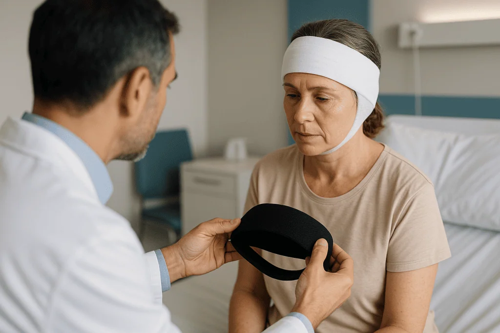 Doctor examining patient's ear bandage in hospital room: The first week: from head bandage to night headband