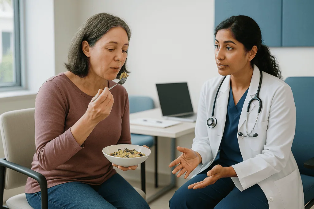 Doctor consulting patient about food nutrition bowl: The first weeks and months after cervical cancer treatment