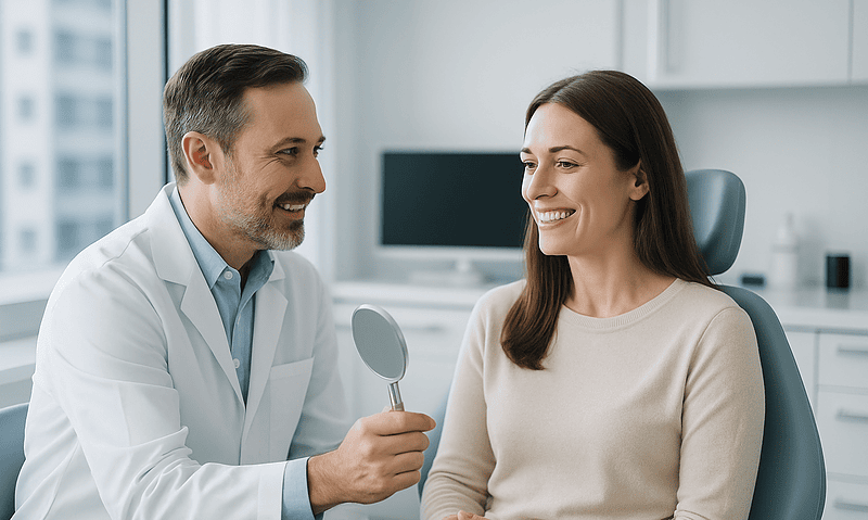 Dentist showing mirror to smiling female patient in clinic.