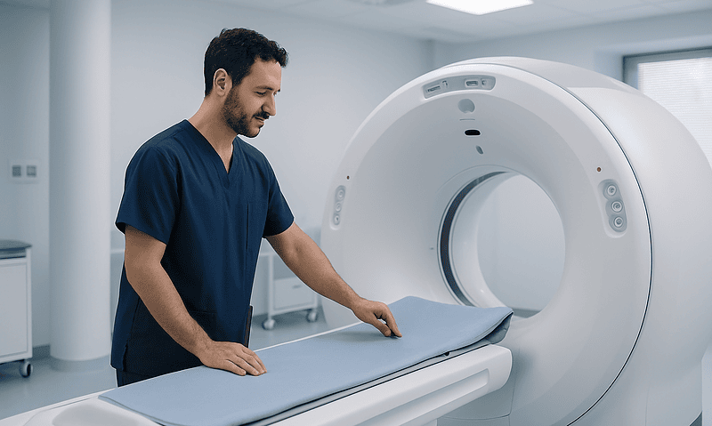 Medical technician prepares MRI scan bed in a modern hospital setting.