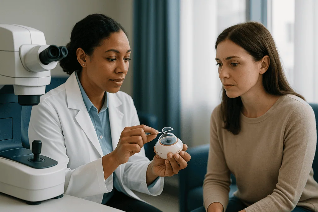 Ophthalmologist consulting patient about contact lens or eye device: The flap: what it is, how it is made and how long that