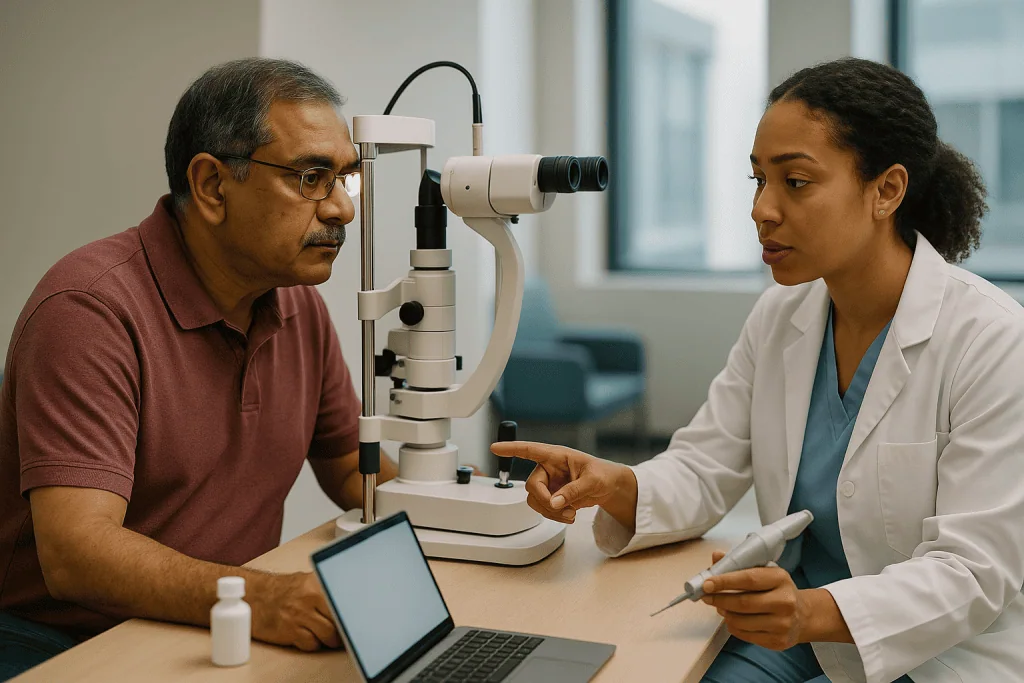 Eye exam with slit lamp ophthalmoscope, doctor and patient: The four diabetic retinopathy treatment options, in one view