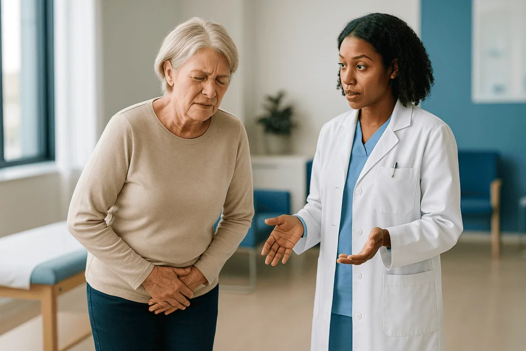 Doctor consulting elderly patient about urinary incontinence — The four main types of urinary incontinence at a glance