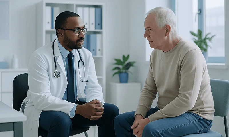 Doctor consulting with an elderly patient in a medical office setting.