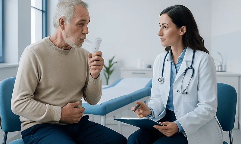 The Four Stages of COPD: Symptoms at Each Stage and What Treatment Changes 7 Doctor consulting with elderly male patient in hospital room.