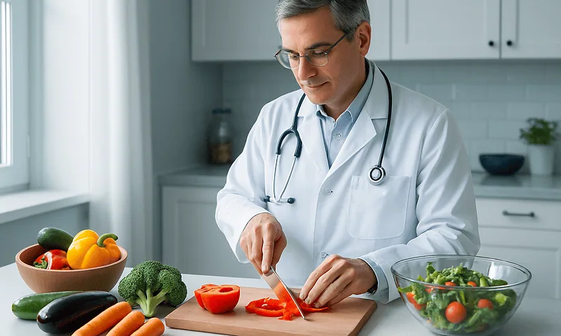 Doctor preparing vegetables in a modern kitchen for healthy eating.