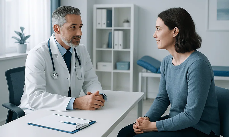 Doctor consulting with a female patient in a modern clinic setting.