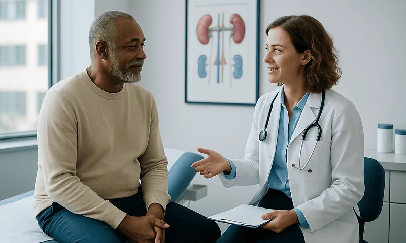 Doctor consulting with patient in a medical office with kidney diagram on the wall.