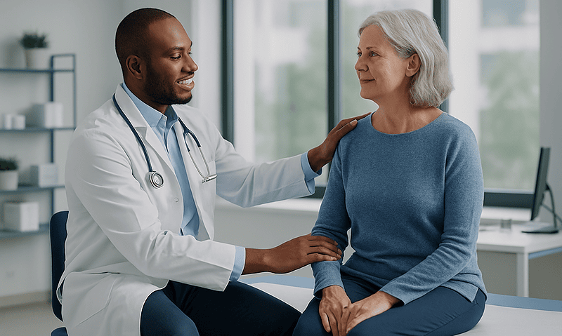 Doctor consulting with an elderly woman in a medical office setting.