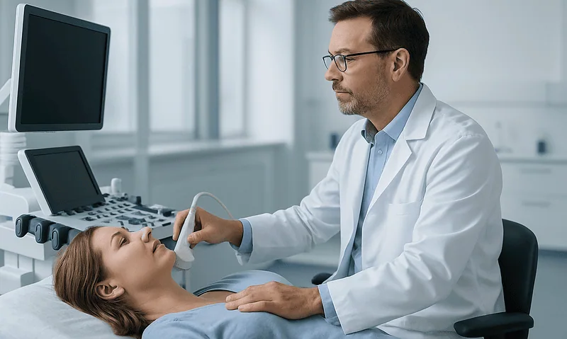Doctor performing an ultrasound scan on a patient in a medical clinic.
