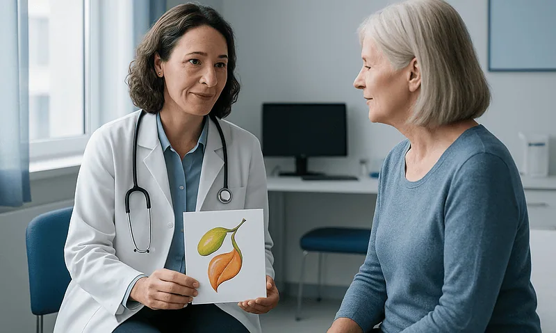 Doctor explaining gallbladder diagram to an elderly patient in a clinic.