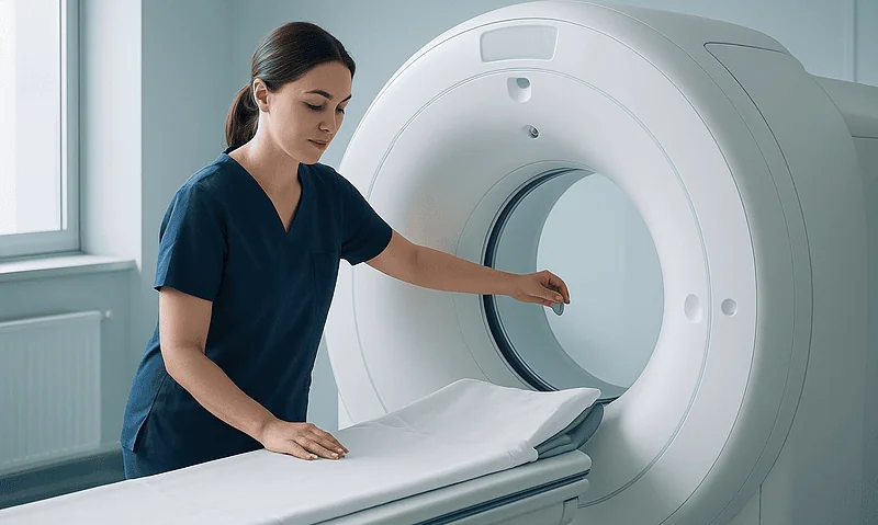Medical technician prepares MRI scan in a modern hospital setting.