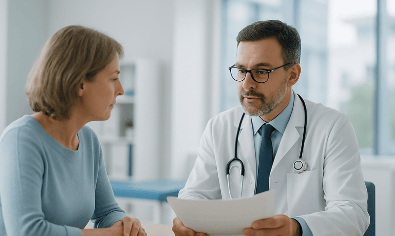 Doctor consulting with a patient about blood test results in a medical office.