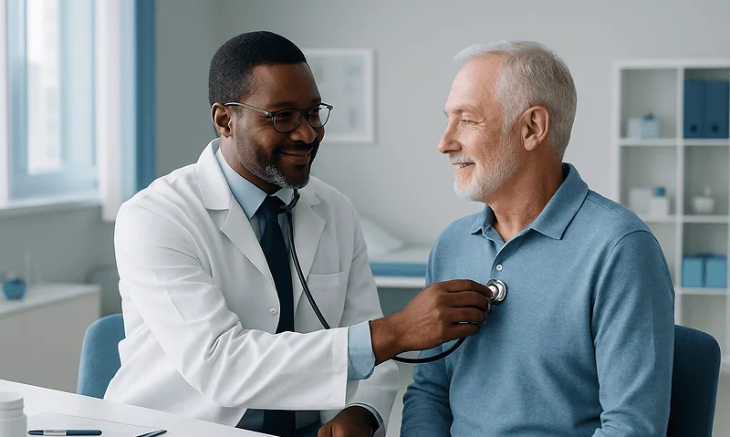 Doctor examining an elderly male patient in a modern clinic setting.