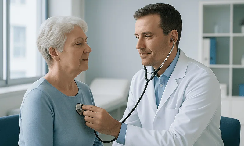 Doctor examining an elderly woman with a stethoscope in a medical office.