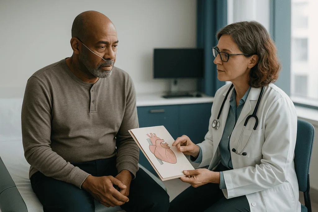 Doctor explaining heart anatomy diagram to male patient: The heart transplant evaluation process: what actually happens