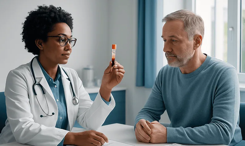 Doctor explaining blood sample to patient in a clinical setting.