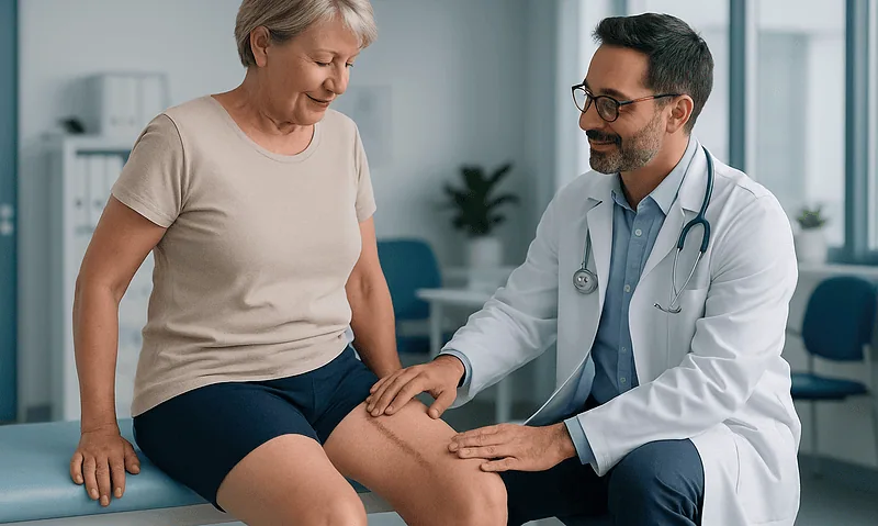 Doctor examining elderly woman's knee in a medical consultation room.
