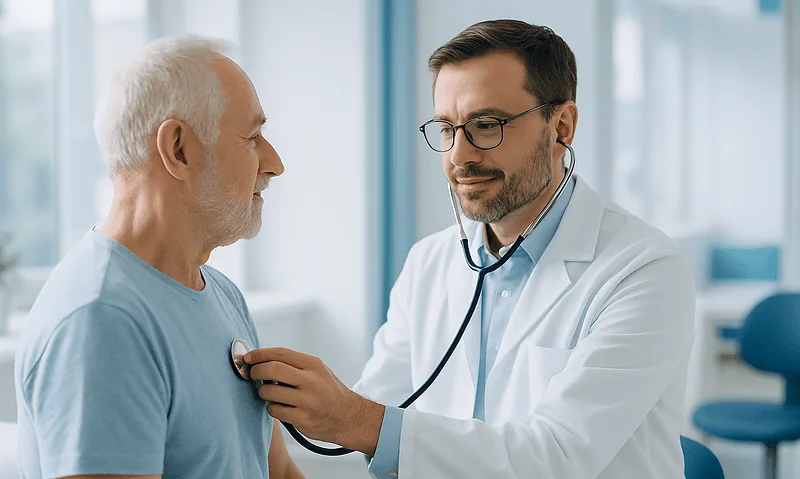 Doctor examining a senior male patient with a stethoscope in a hospital.