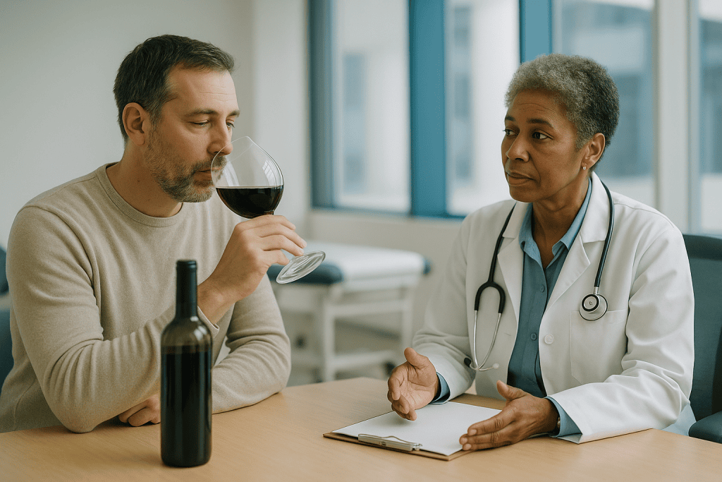 Doctor consulting with patient holding wine glass: The hype years: yeast, mice and a pharmaceutical deal