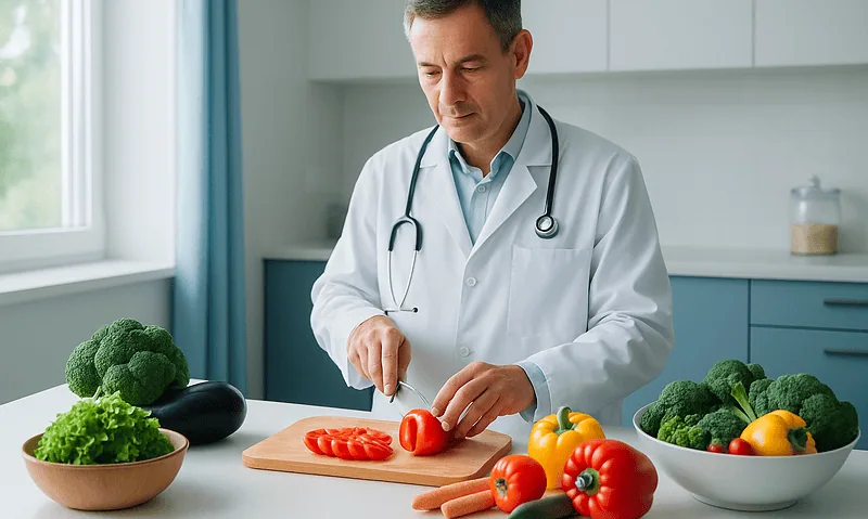 Doctor preparing fresh vegetables in a modern kitchen for a healthy diet.