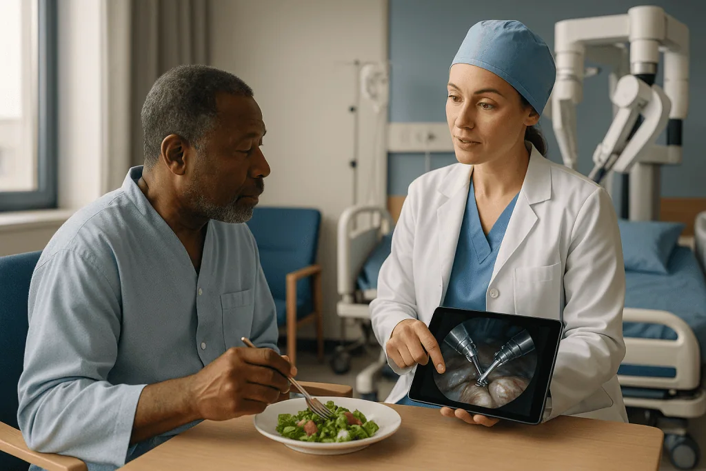 Doctor consulting patient about digestive health during meal: The magnified 3D view: what the surgeon sees differently