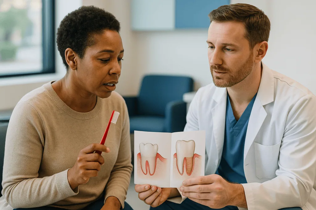 Dentist consulting patient about gum disease using diagram — The main types of gum graft, side by side