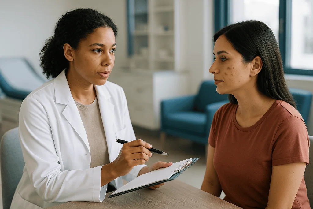 Doctor consulting patient in clinical office setting: The main types of hyperpigmentation at a glance