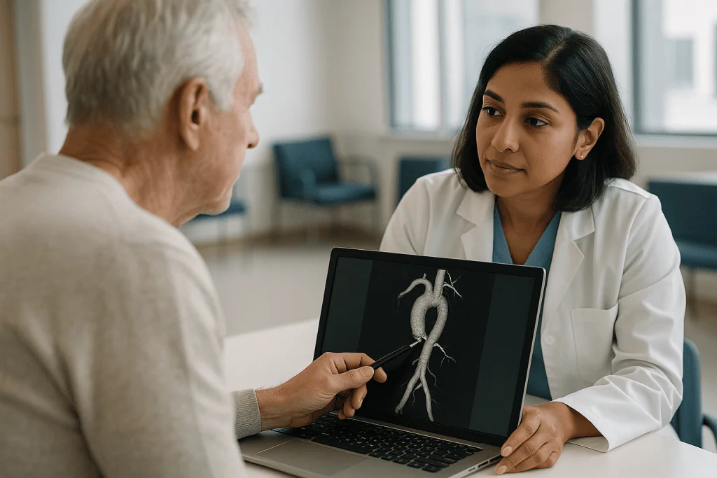 Doctor explaining aortic angiography imaging to elderly patient: The map the care team reads: aortic segments, zones and lan