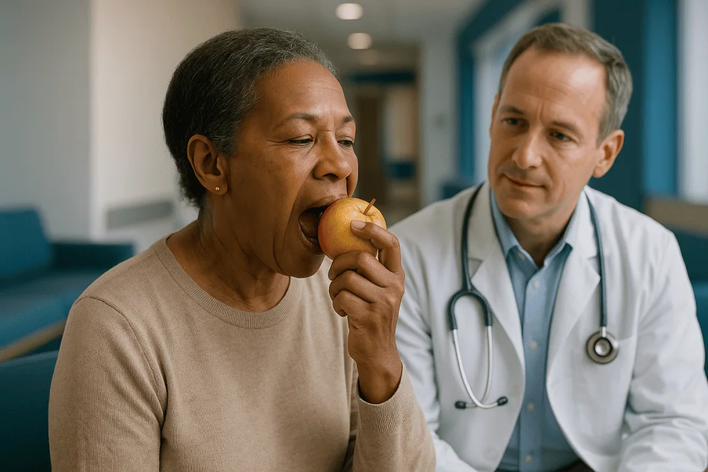 Doctor observes patient eating apple during consultation — The Masseter: Champion of Raw Bite Force