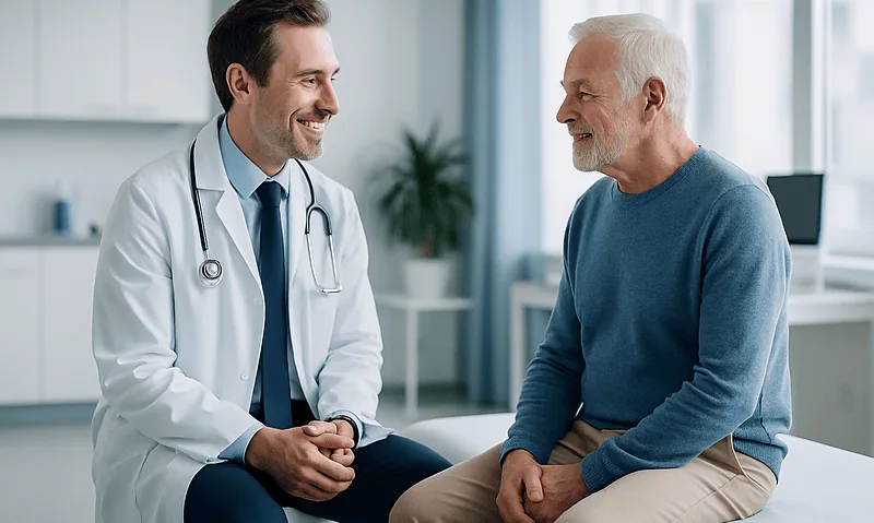 Doctor consulting with senior male patient in a medical office.