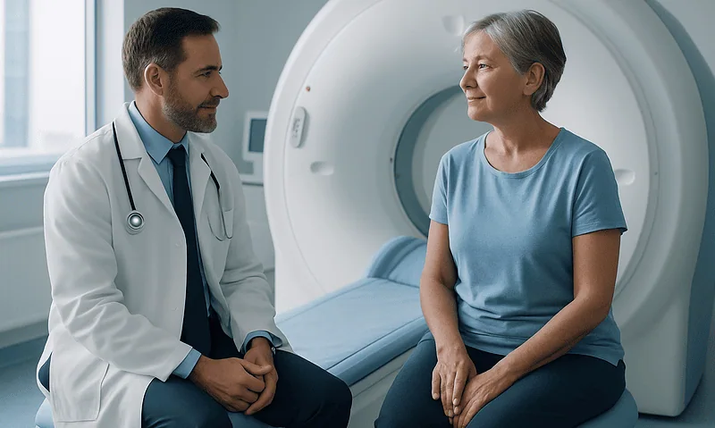 Doctor consulting with a senior woman patient before MRI scan at Acibadem Hospital.