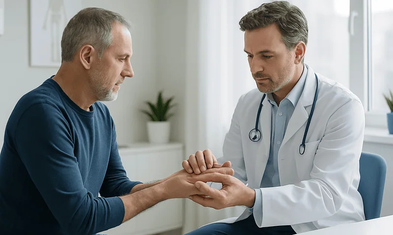 Doctor examining patient's hand in a consultation room.