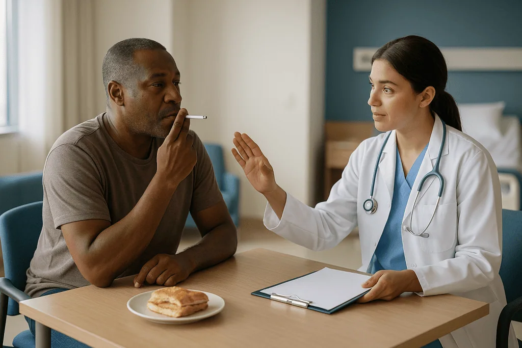 Doctor consulting with male patient about smoking cessation: The nicotine withdrawal timeline: what the first days and weeks