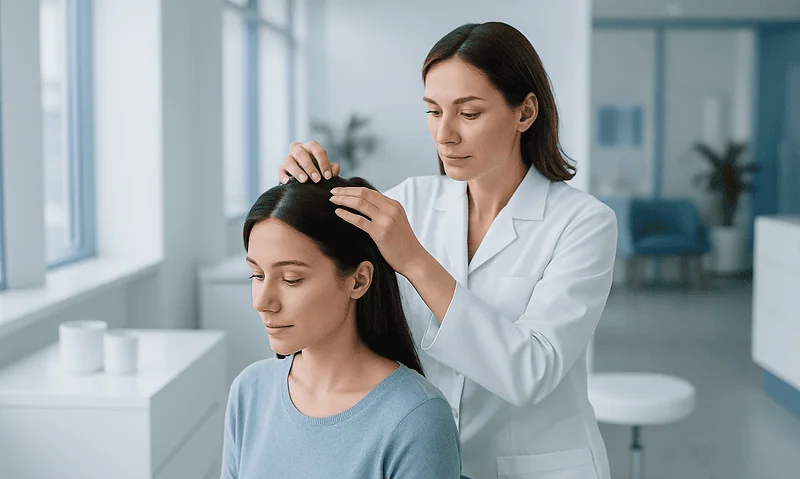 Doctor examining woman's scalp in a clinical setting.