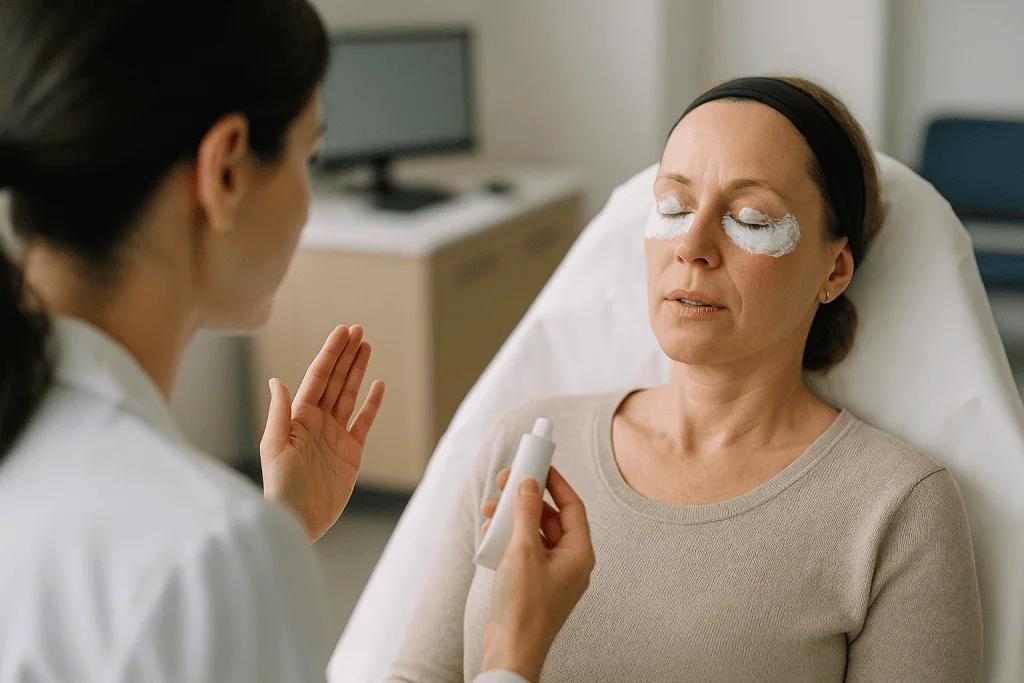 Aesthetic consultation: patient with eye patches, clinician discussing treatment: The numbing step: what the cream does and 