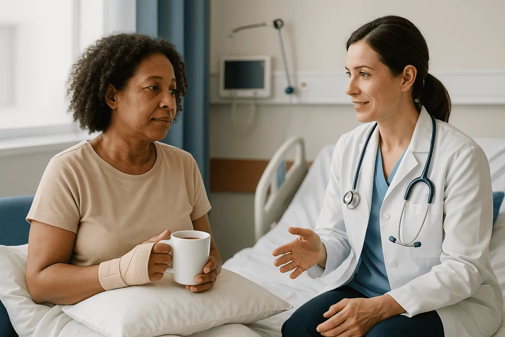 Doctor consulting patient with bandaged hand in hospital: The odd ward rules: warmth, caffeine, pillows and pressure