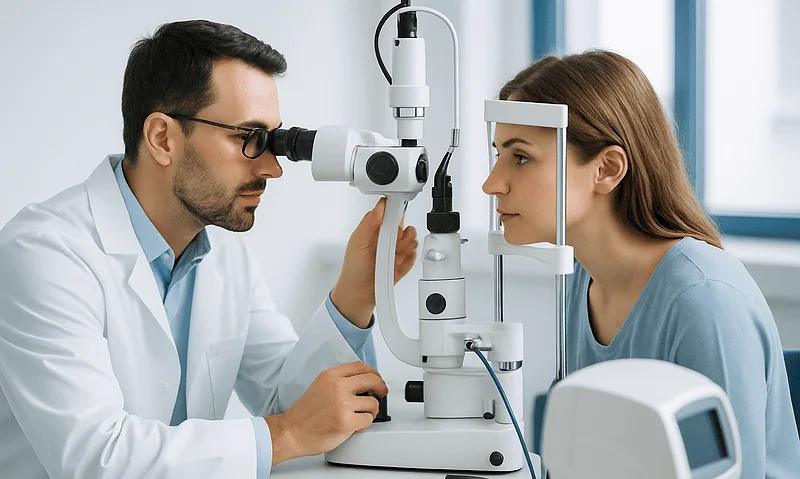 Ophthalmologist examining a patient's eye with a slit lamp in a clinic.