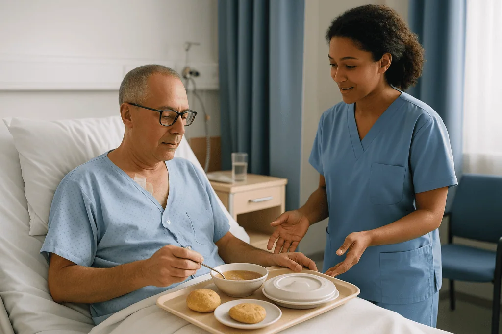 Patient eating hospital meal with nurse attending: The overnight stay: the first hours after ablation