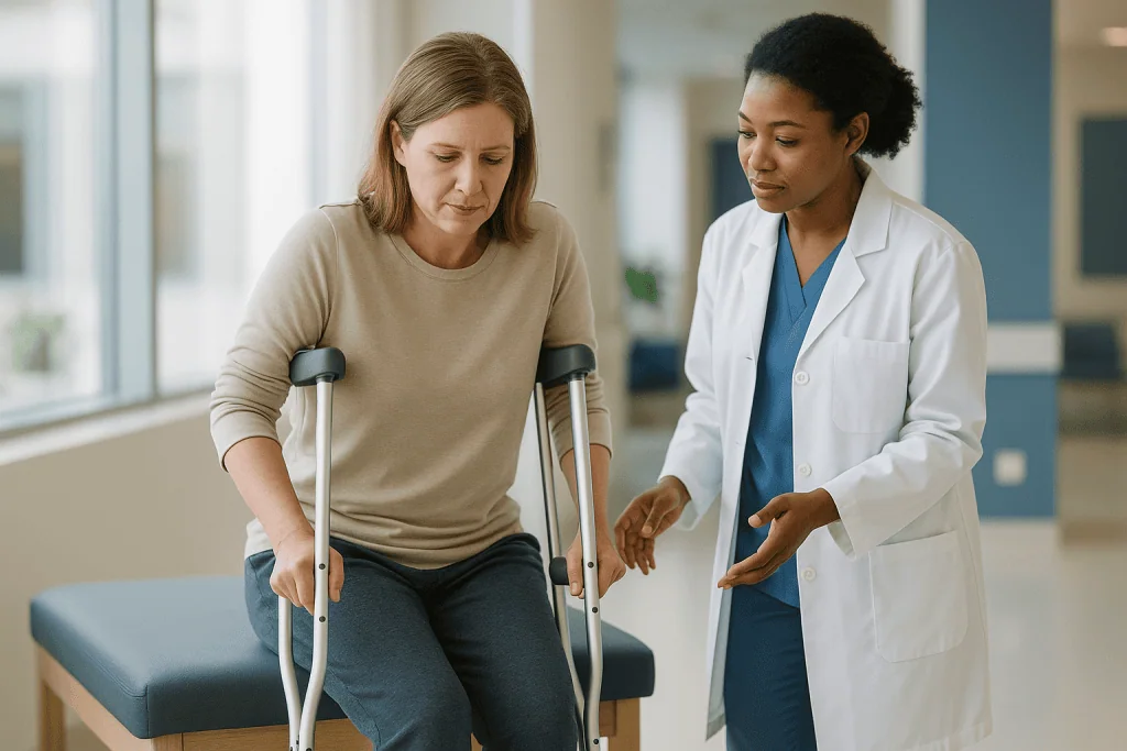 Patient on crutches consulting with doctor in hospital: The PAO recovery timeline at a glance