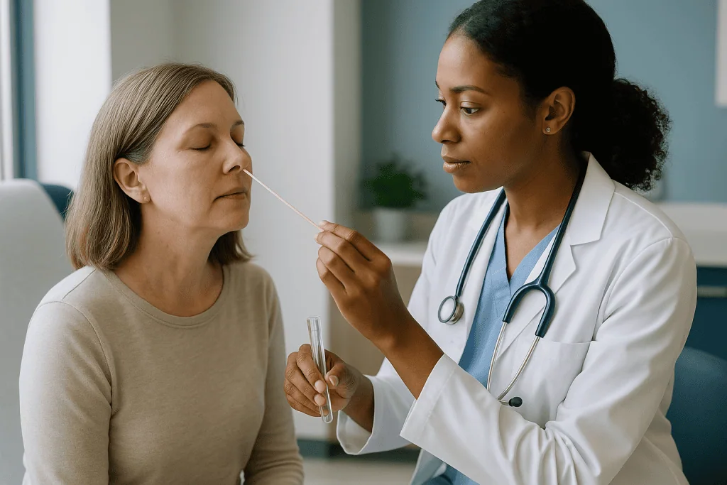 Doctor performing nasal swab test on adult patient — The pertussis PCR test: how it finds the bacterium's DNA