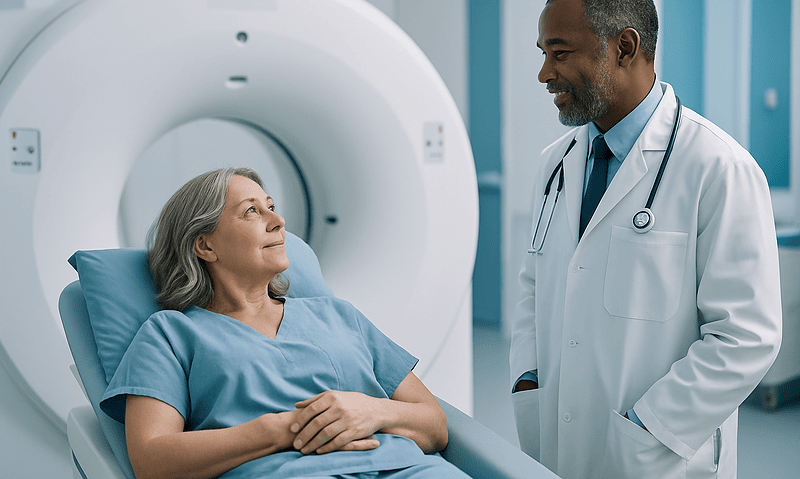 Patient and doctor discussing MRI scan in hospital setting.