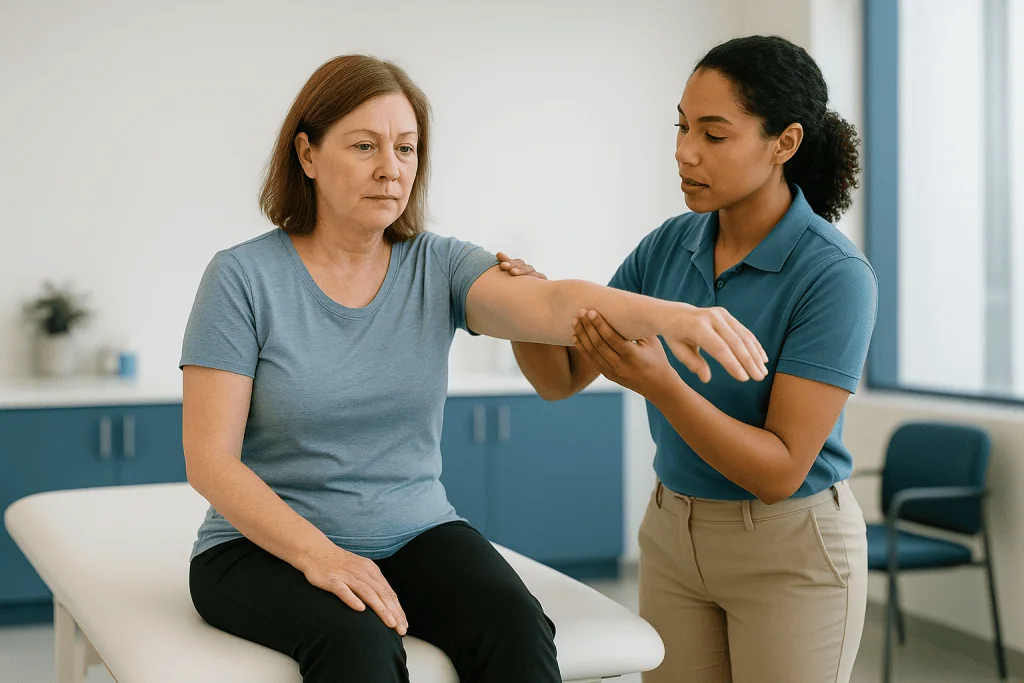 Physical therapist evaluating patient's arm mobility: The physical examination: what the hands-on tests are measuring