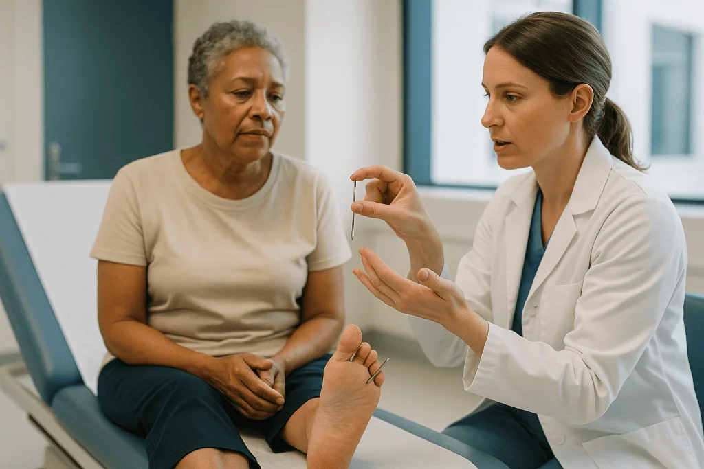 Doctor consulting with patient about medical condition: The pin: what it is for and what hammertoe pin removal feels like