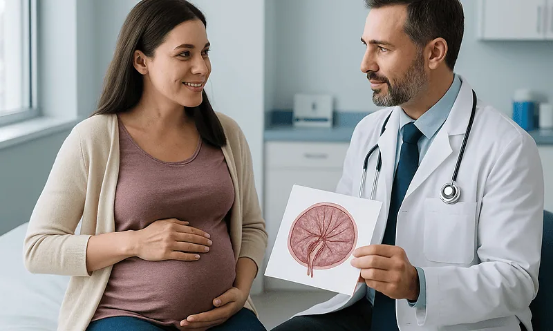 Pregnant woman consulting with doctor about placenta health.