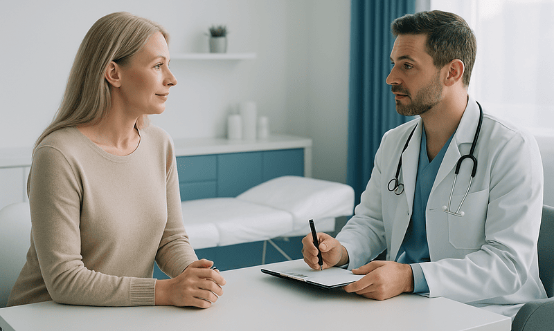 Doctor consulting with a female patient in a medical office setting.