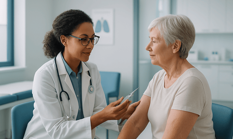 Doctor consulting with elderly patient in a medical office.