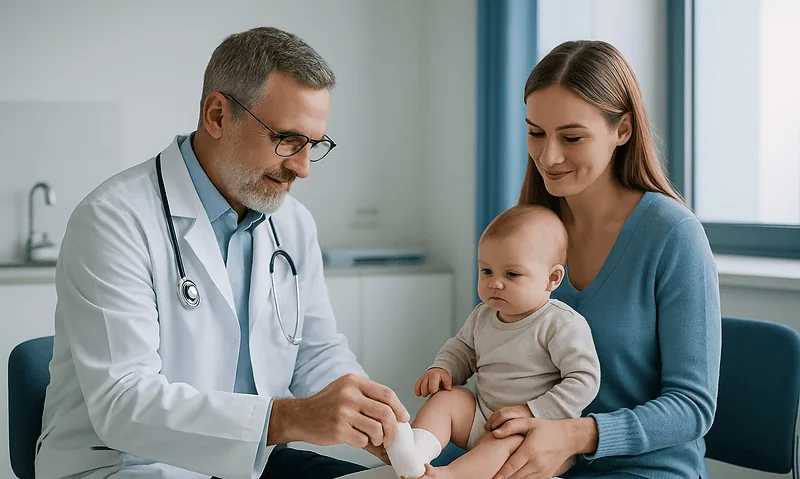 Pediatric doctor examining a baby's foot with mother in clinic.