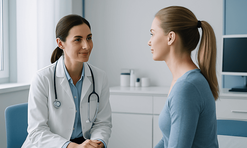 Doctor consulting with a patient in a medical office setting.